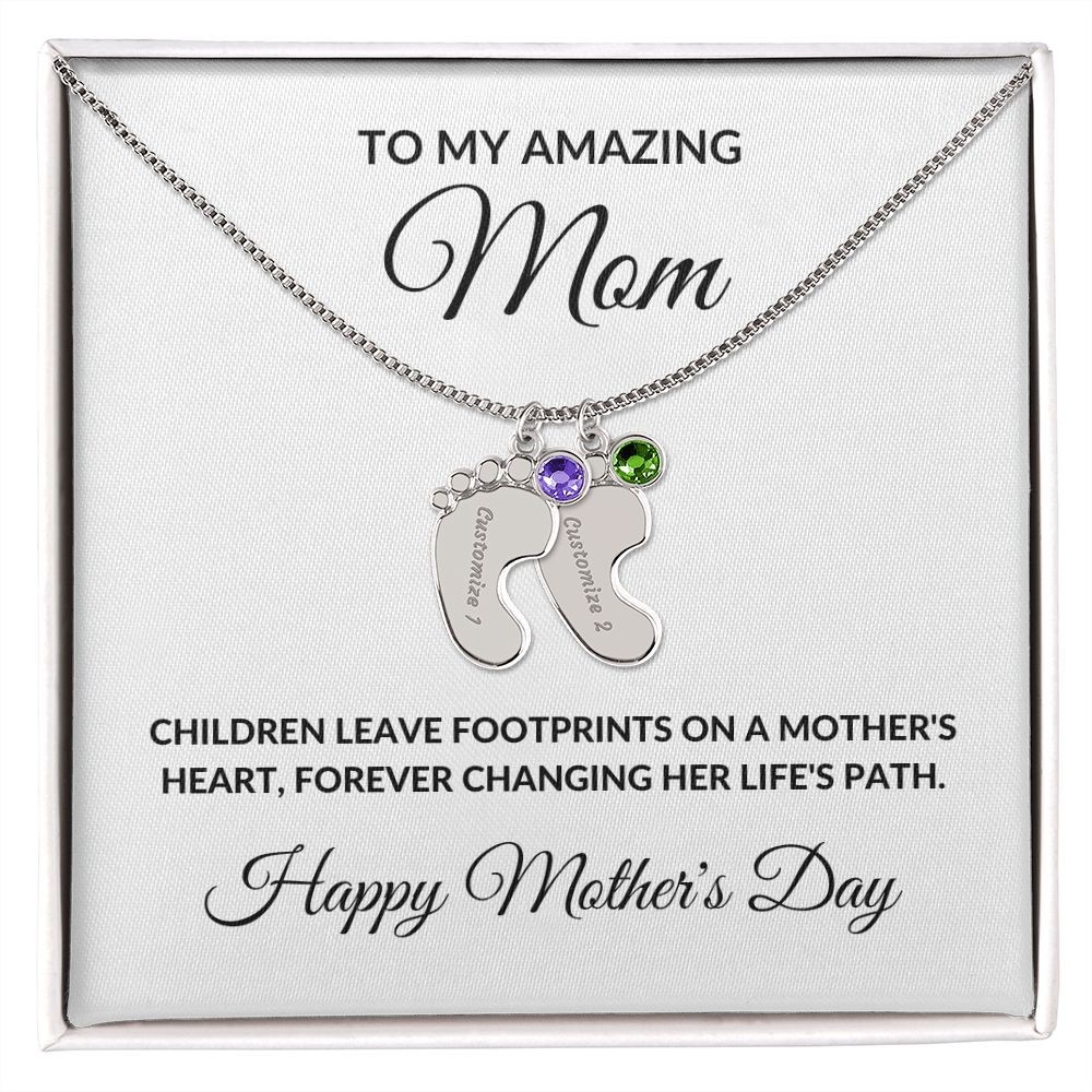 Mother’s Day Personalized Engraved Birthstone Necklace Baby Feet Gift for Mom
