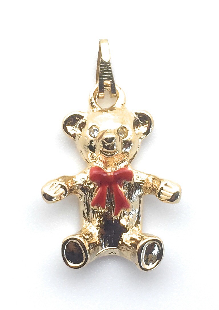 Teddy Bear Pendant Yellow Gold Plated Charm 20″ Rope Necklace Chain Red Enamel