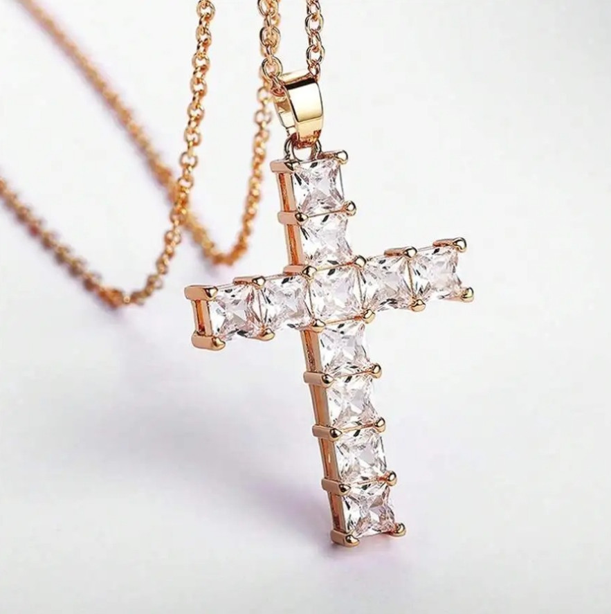 1pc Gold Cross Pendant Necklace – Multicolor Crystal Religious Jewelry for Women