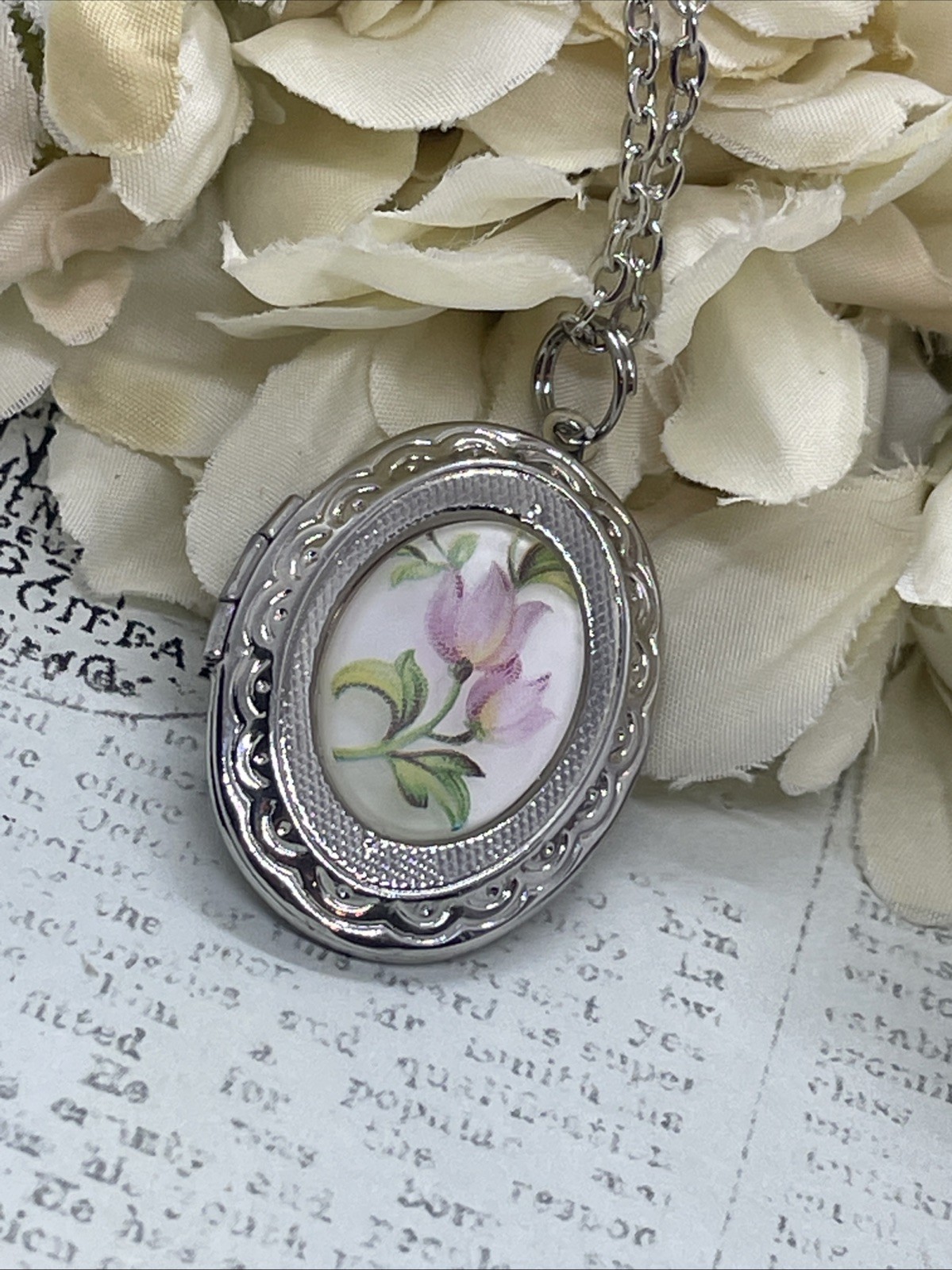 Pink Frosted Tulip Silver Photo Locket Necklace Bridal Gift Mom Wife Anniversary