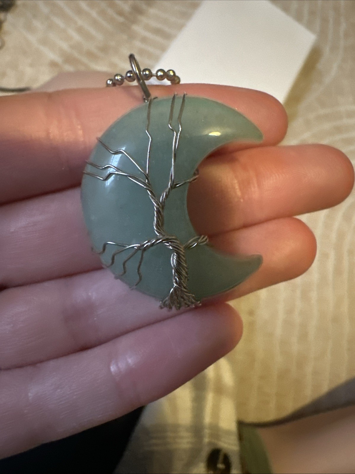 Light Green Crescent Moon Pendant Necklace Wrapped In Silver Wire 22 Inch Chain