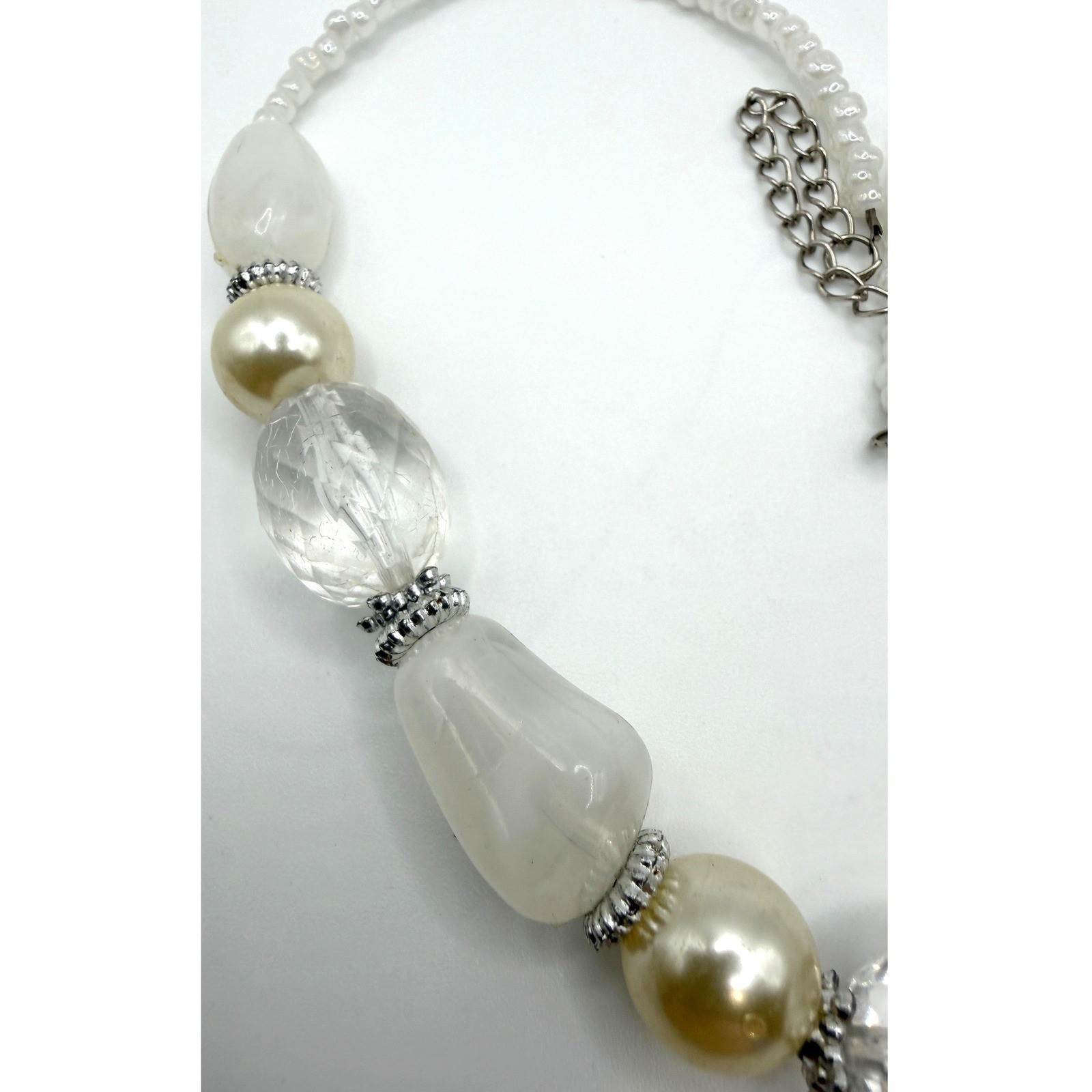 Vintage Chunky Faux Pearl & Clear Crystal Statement Necklace 20″