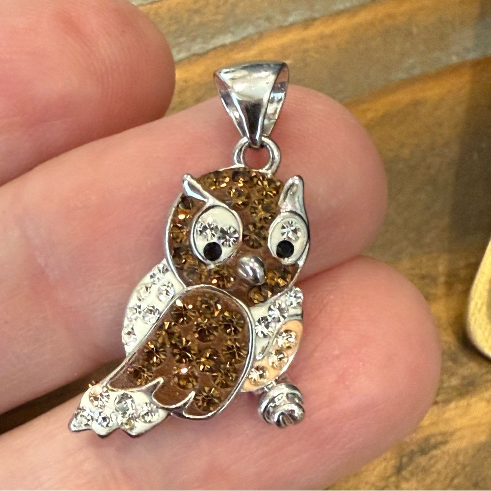 Rhodium Plated Owl Crystal Rhinestone Pendant