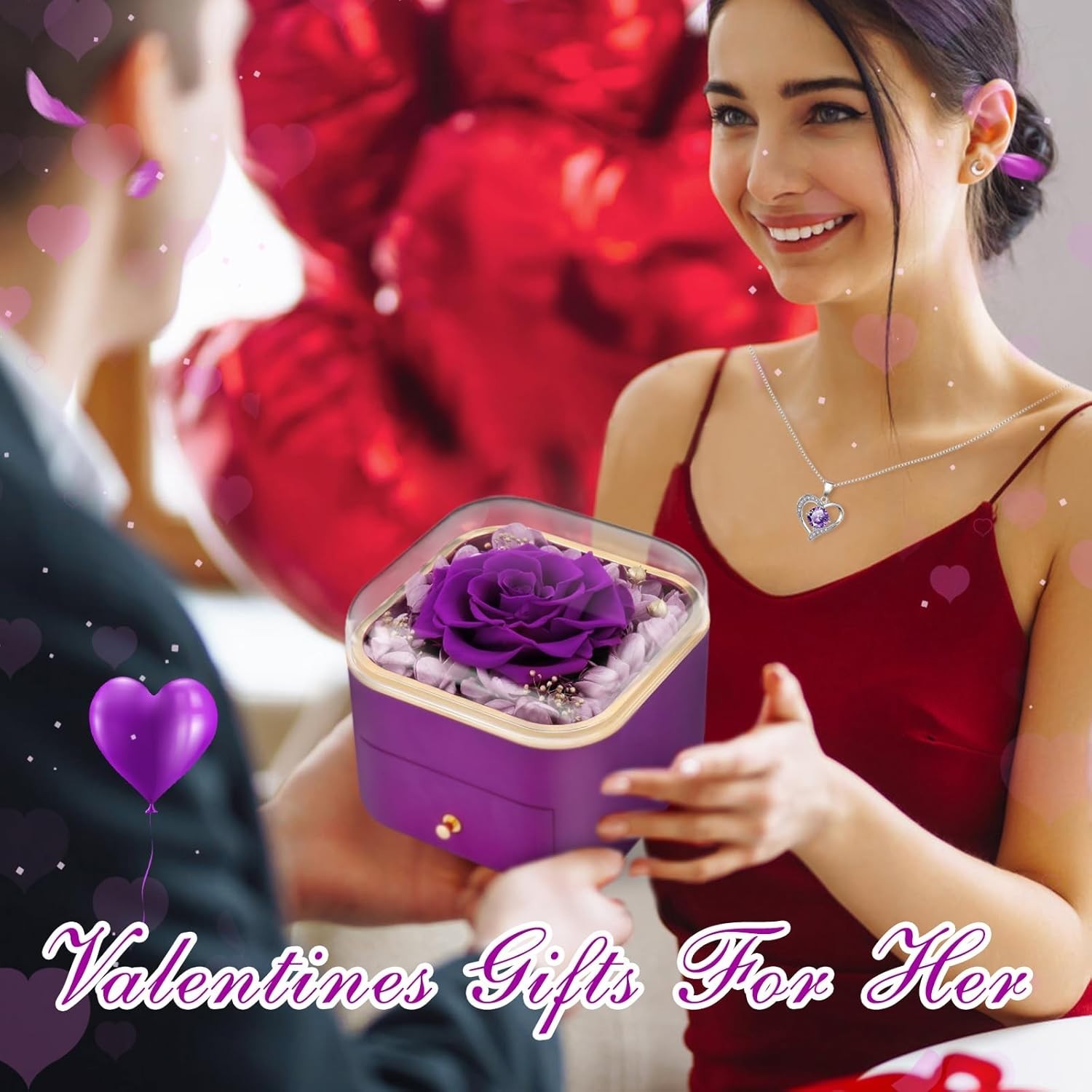 Preserved Real Purple Rose w/ Necklace – Eternal Valentine Birthday Gift for Her