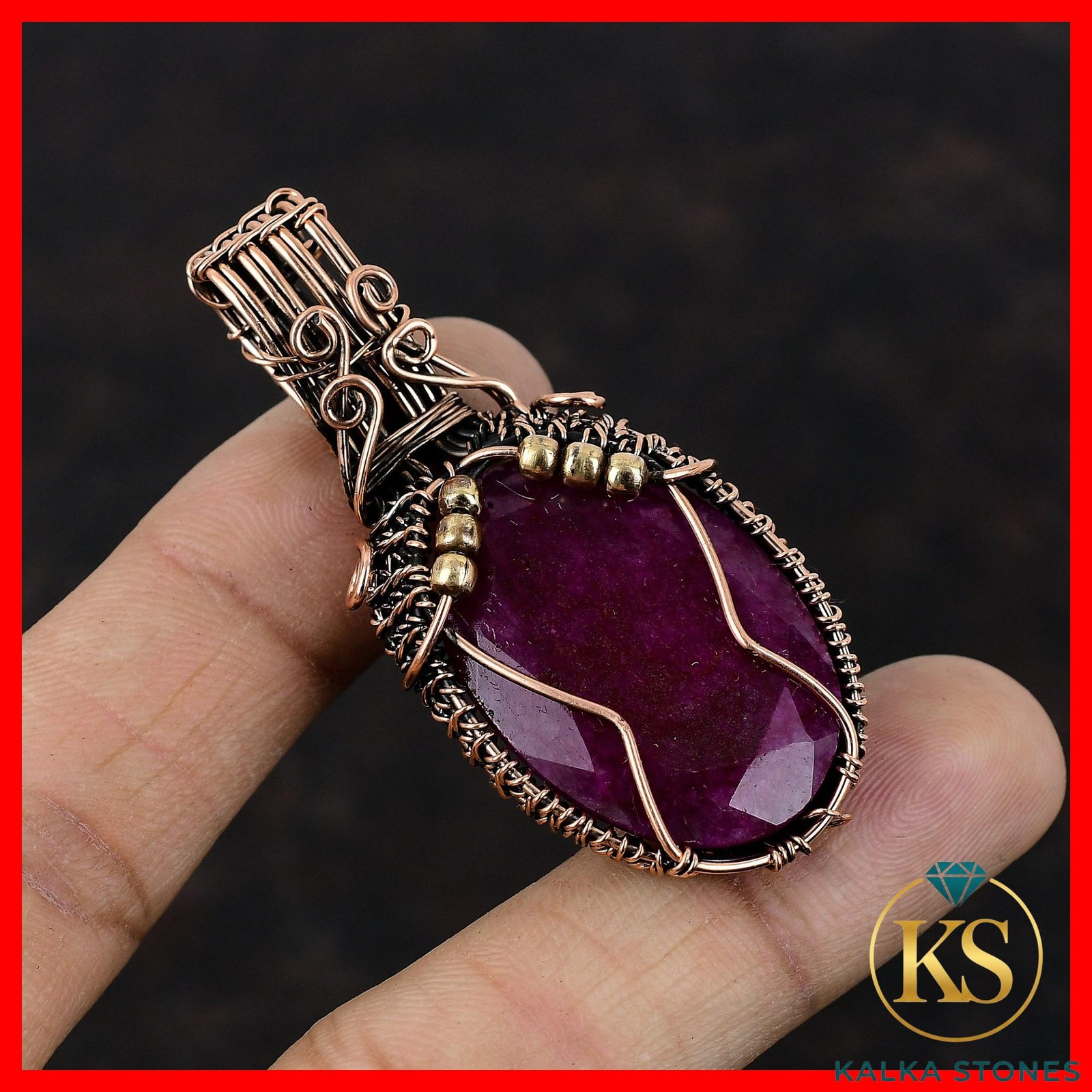 Kashmir Rubi Gemstone Engagement Artisan New Wire Wrapped Pendant Jewelry Copper