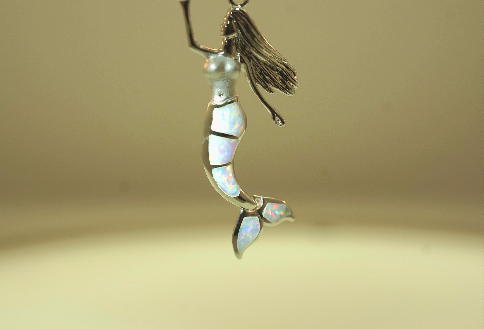 28MM RHODIUM 925 SILVER INLAID WHITE OPAL WIGGLING HAWAIIAN MERMAID CZ PENDANT