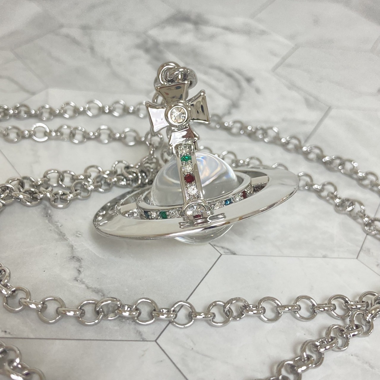 Vivienne Westwood Necklace Small Orb Silver Clear 80cm Top 4.5cm w/Pouch NO BOX