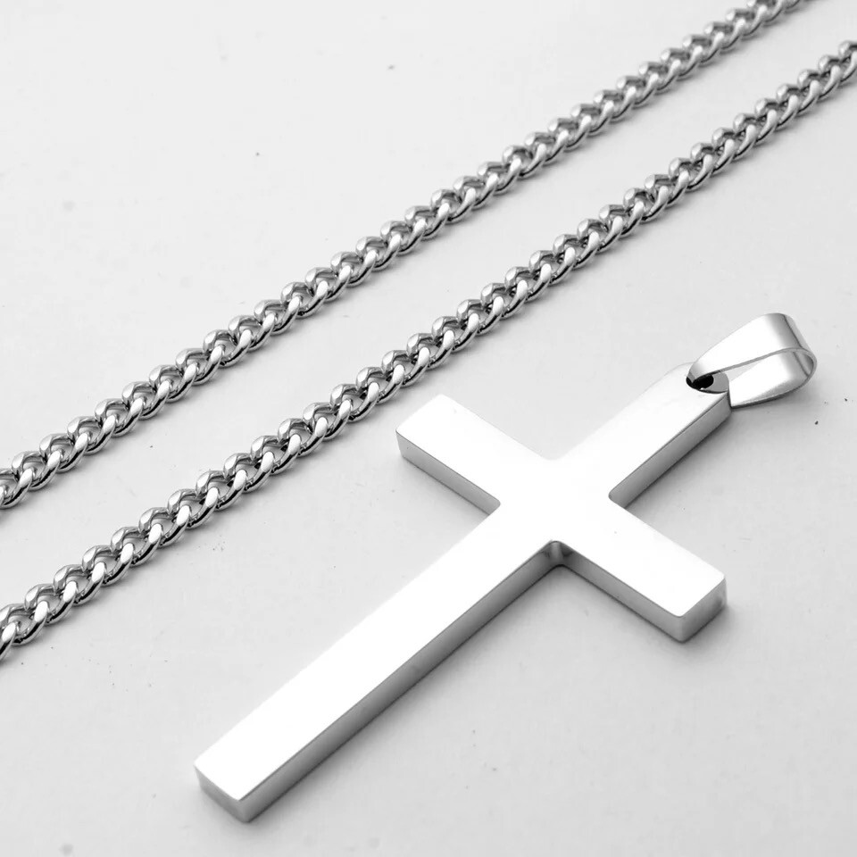 Stainless Steel Plain Silver Jesus Cross Crucifix Pendant Necklace Mens & Womens