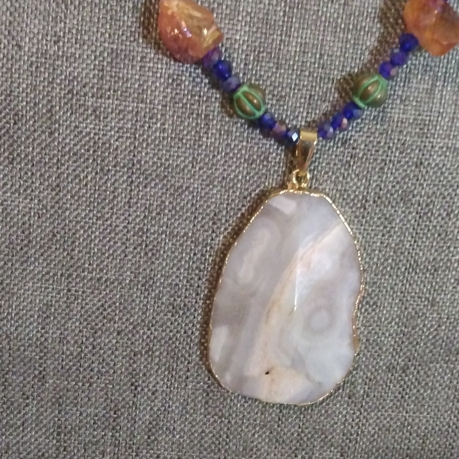 Multicolor Glass Beaded Pendant Necklace White Agate Charm Lobster Clasp