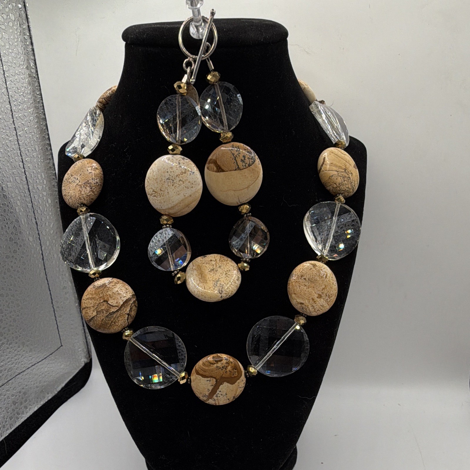 Vtg. Donna Dressler Signed Desert Jasper & Crystal Necklace & Bracelet Set