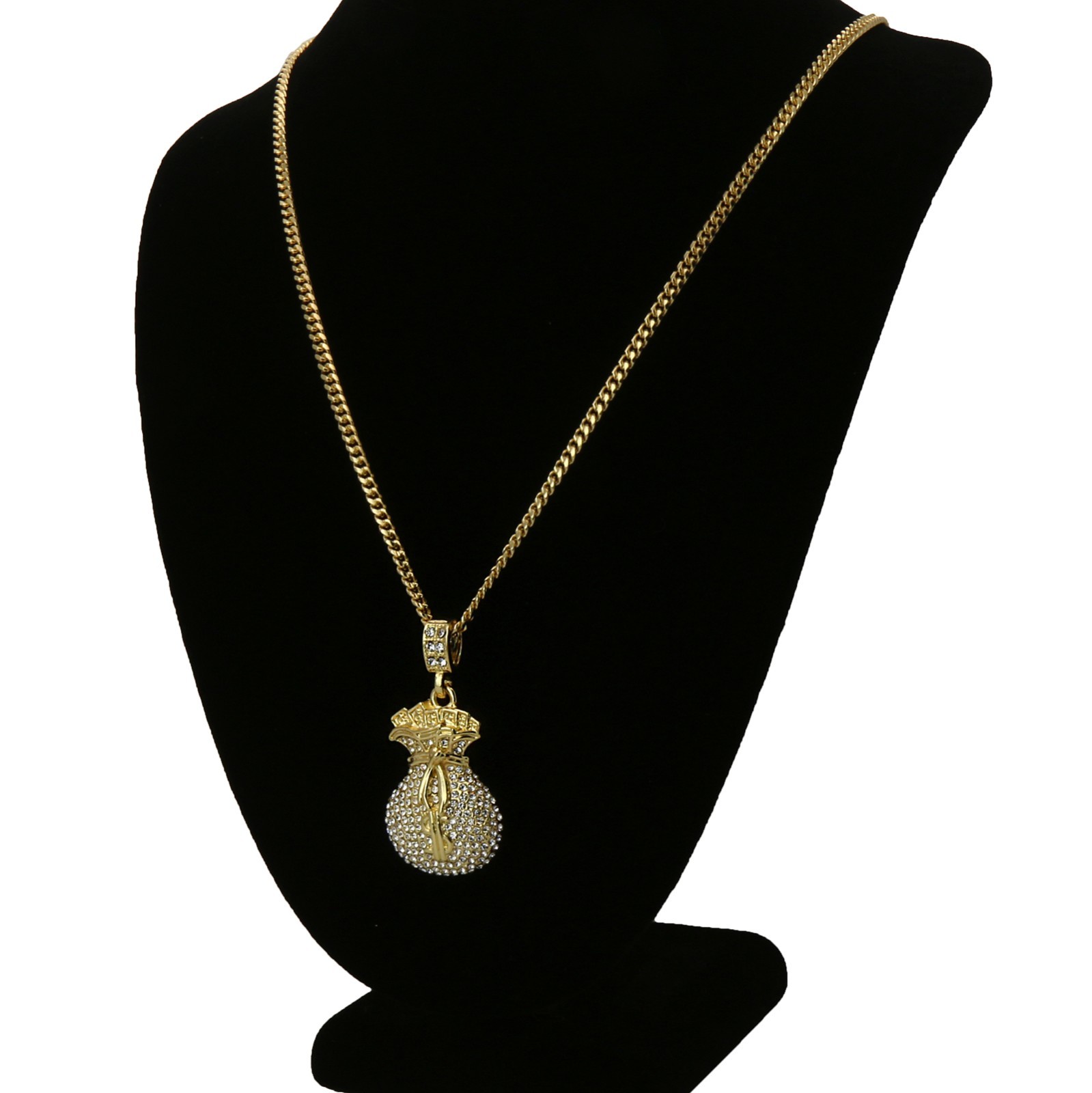 14k Gold Plated Cash Money Bag $ Cubic-Zirconia Hip-Hop Pendant Cuban Chain