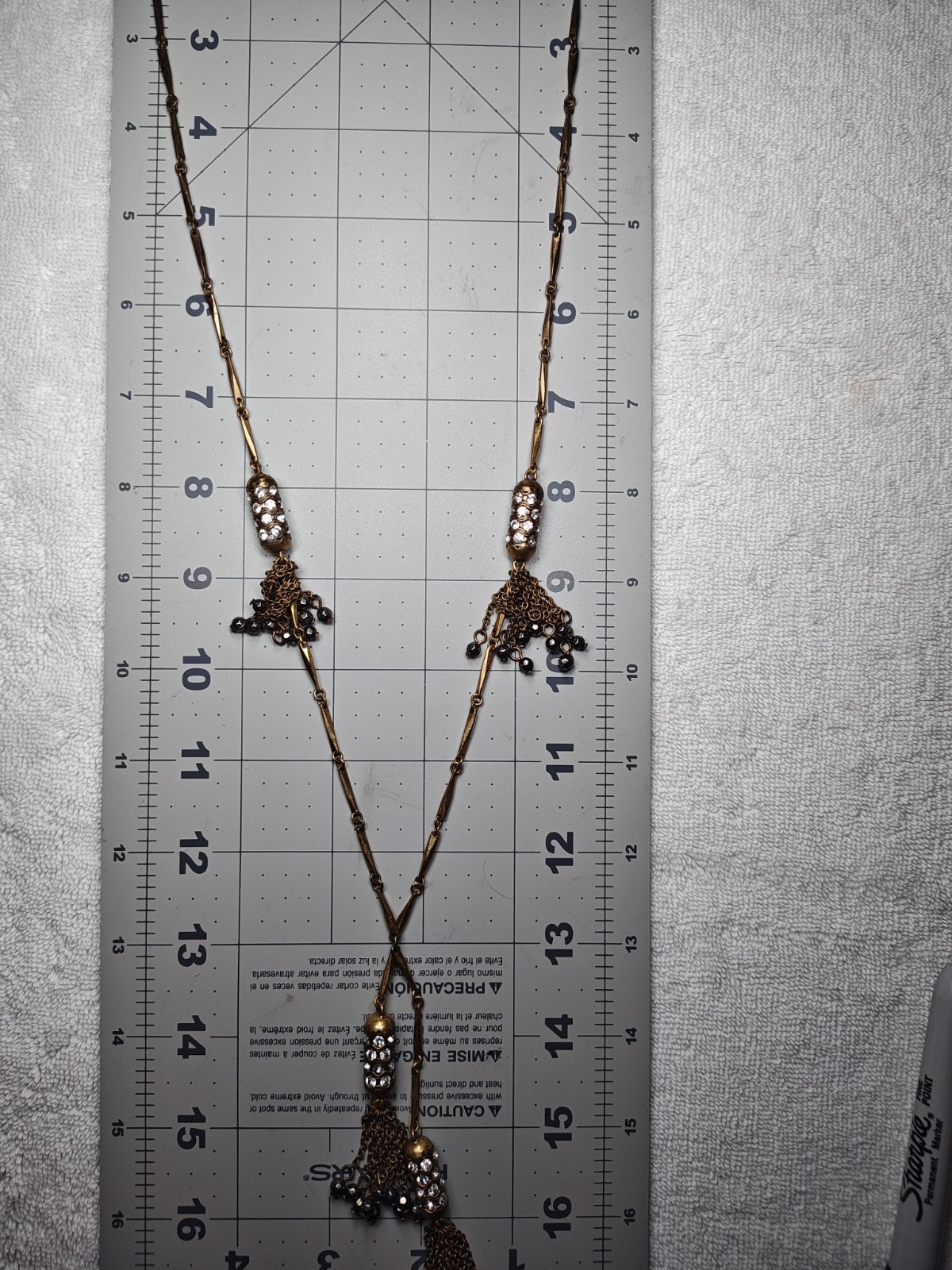 J Crew Brass Crystal Lariat Necklace Black Beads Round Rhinestone Tassel Pendant