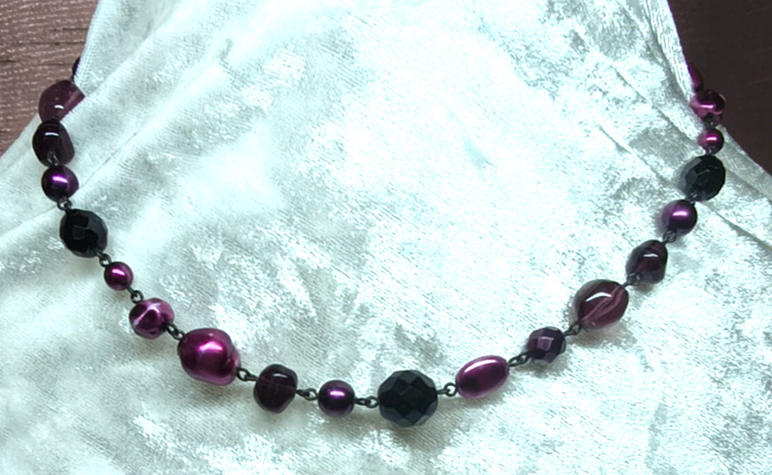 M&S Faux Pearl & Purple Glass Bead Necklace Gunmetal Tone 42-46cm Elegant