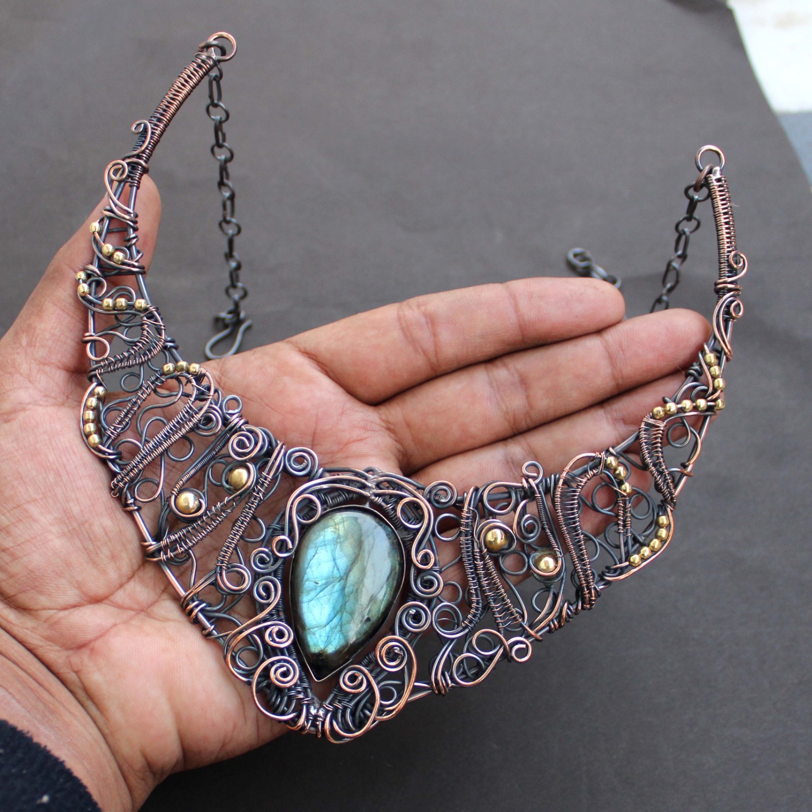 Natural Labradorite Necklace Jewelry Copper Wire Wrapped Chain Necklace 18.0″