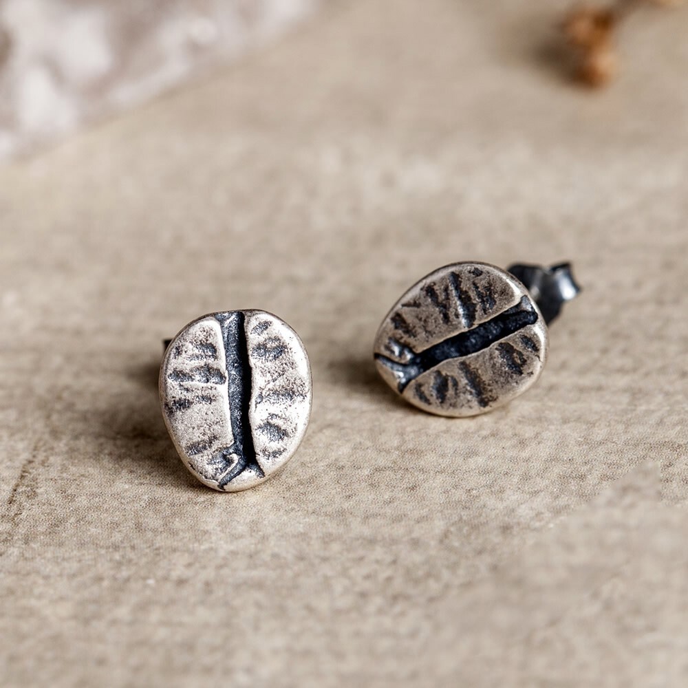 Coffee Bean Post Earrings Gothic Punk Rock Biker Eard Studs 925 Sterling Silver