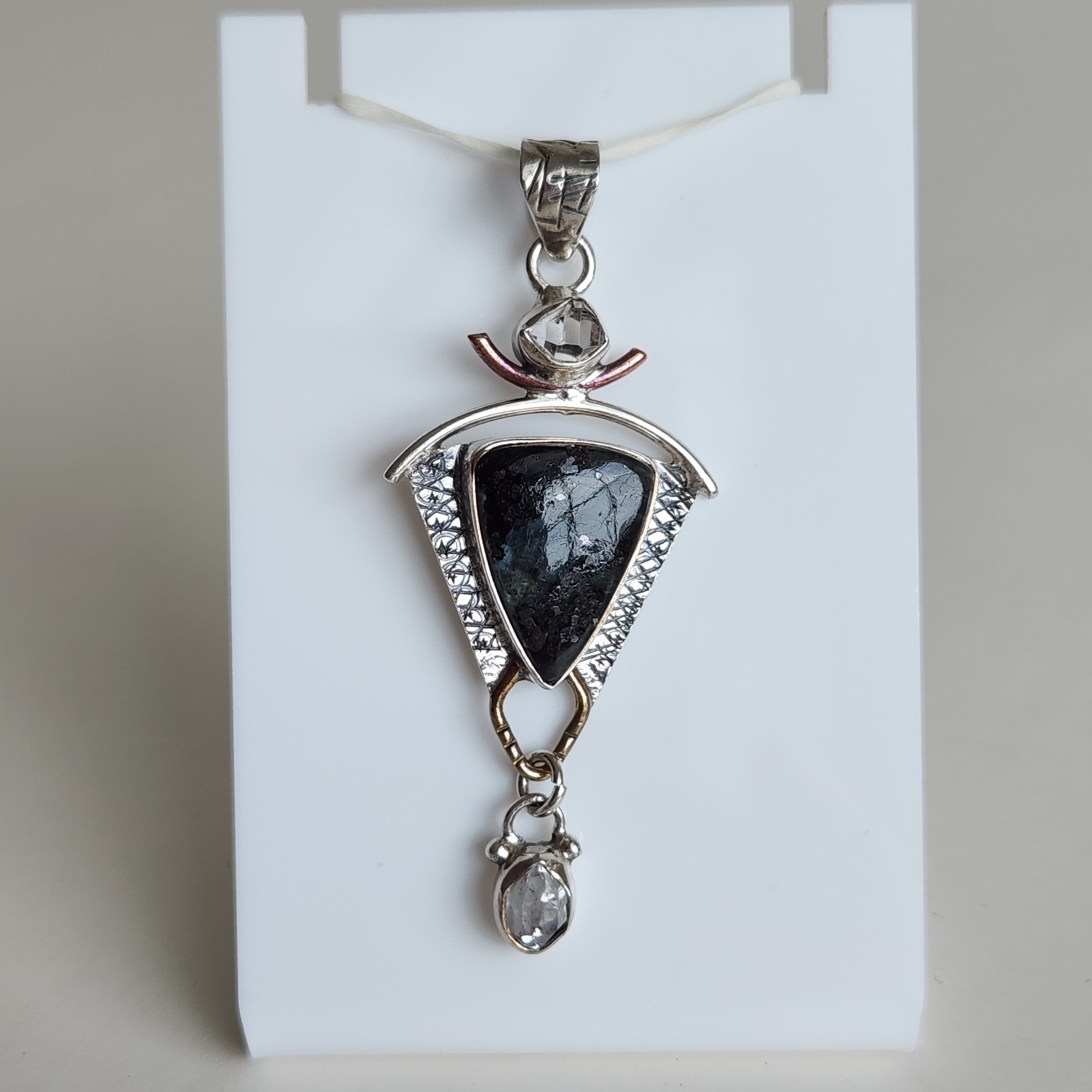 Sterling Silver Black Moss Agate Pendant 925 Artisan Mixed Metal 5.3g