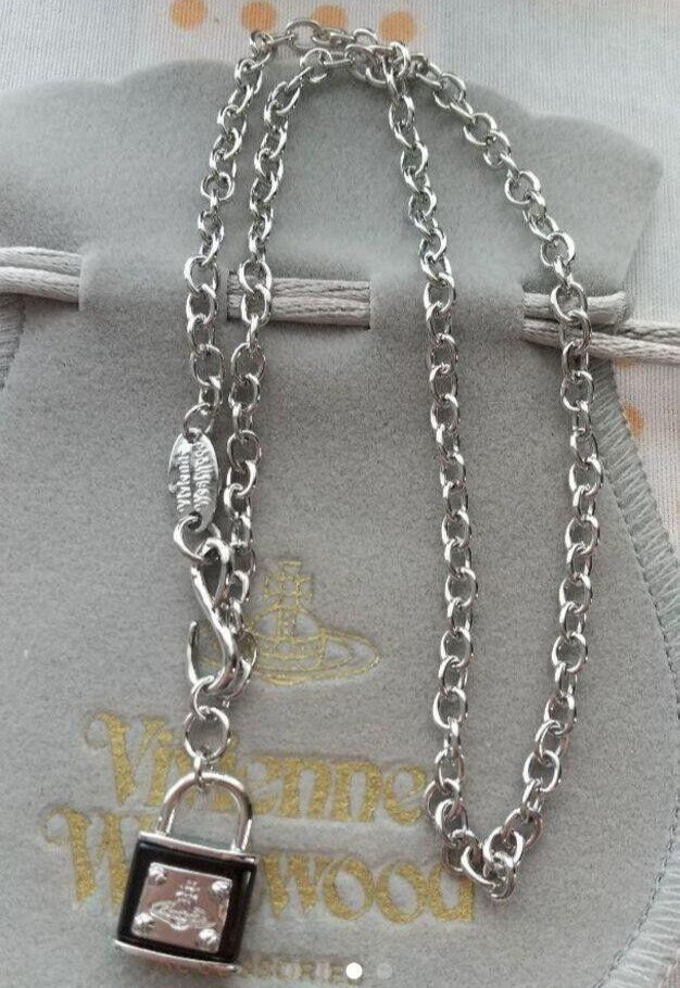 Vivienne westwood Orb Black Padlock Chain Silver Necklace Lock Outlet authentic