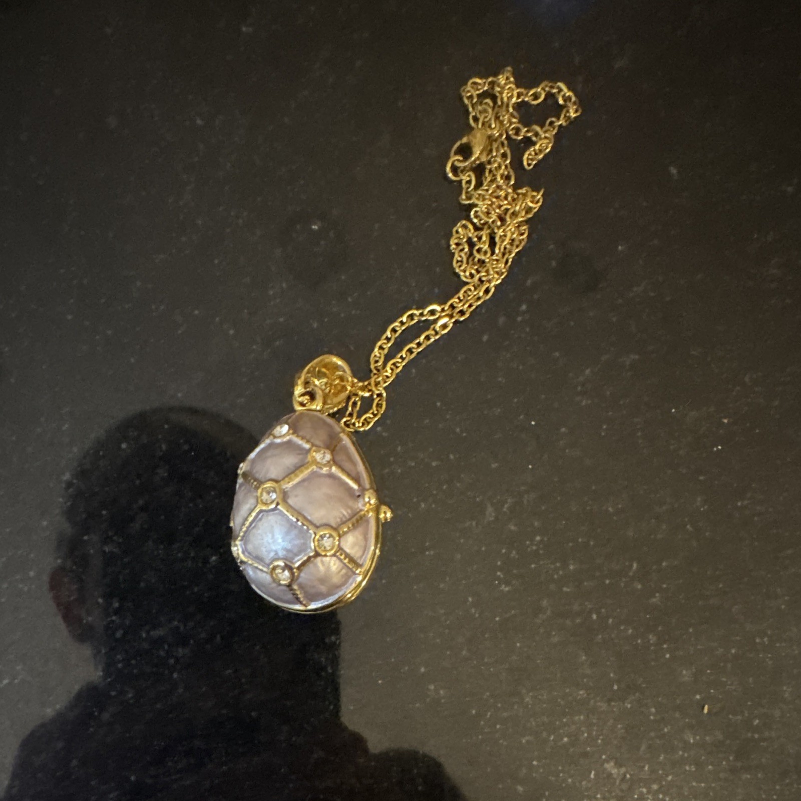 Gold Tone Purple Egg Locket Pendant Necklace Crystal Rhinestone Cable Chain
