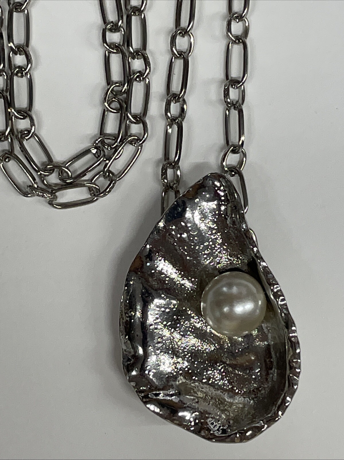 Oyster Shell Silver Necklace 30″ Link Chain Sea Life Coastal Fashion Jewelry NEW