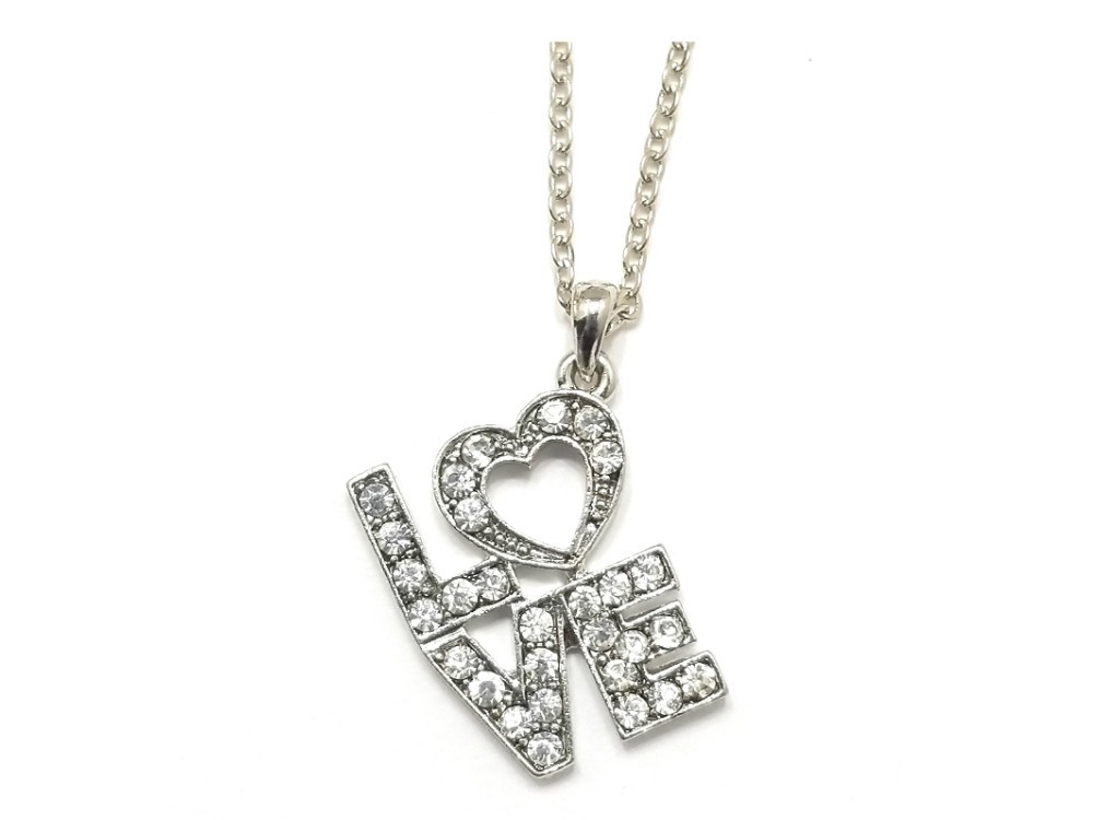 Silvertone Modern Metallic Crystal Accent LOVE Heart Theme Necklace ~ NEW!
