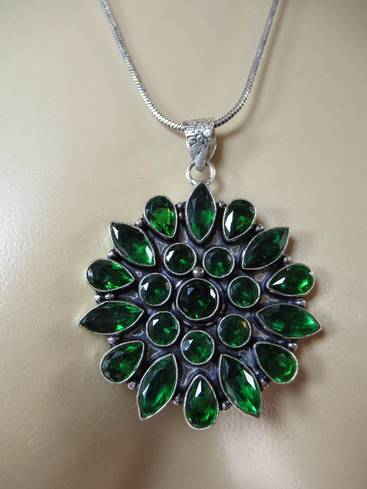Necklace Pendant Flower Green Cluster Bezel Set Glass Cabs Bold Large Silver