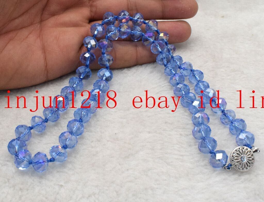 Pretty 8x10mm Blue Faceted Rainbow Crystal Gems Rondelle Beads Necklace 18”