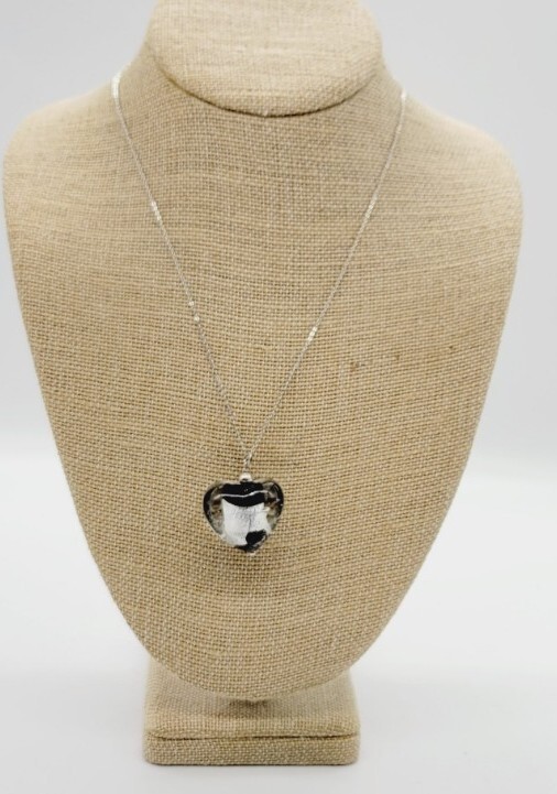 Heart Pendant Sterling Silver Necklace Black & Grey Lucite 19 in Chunky