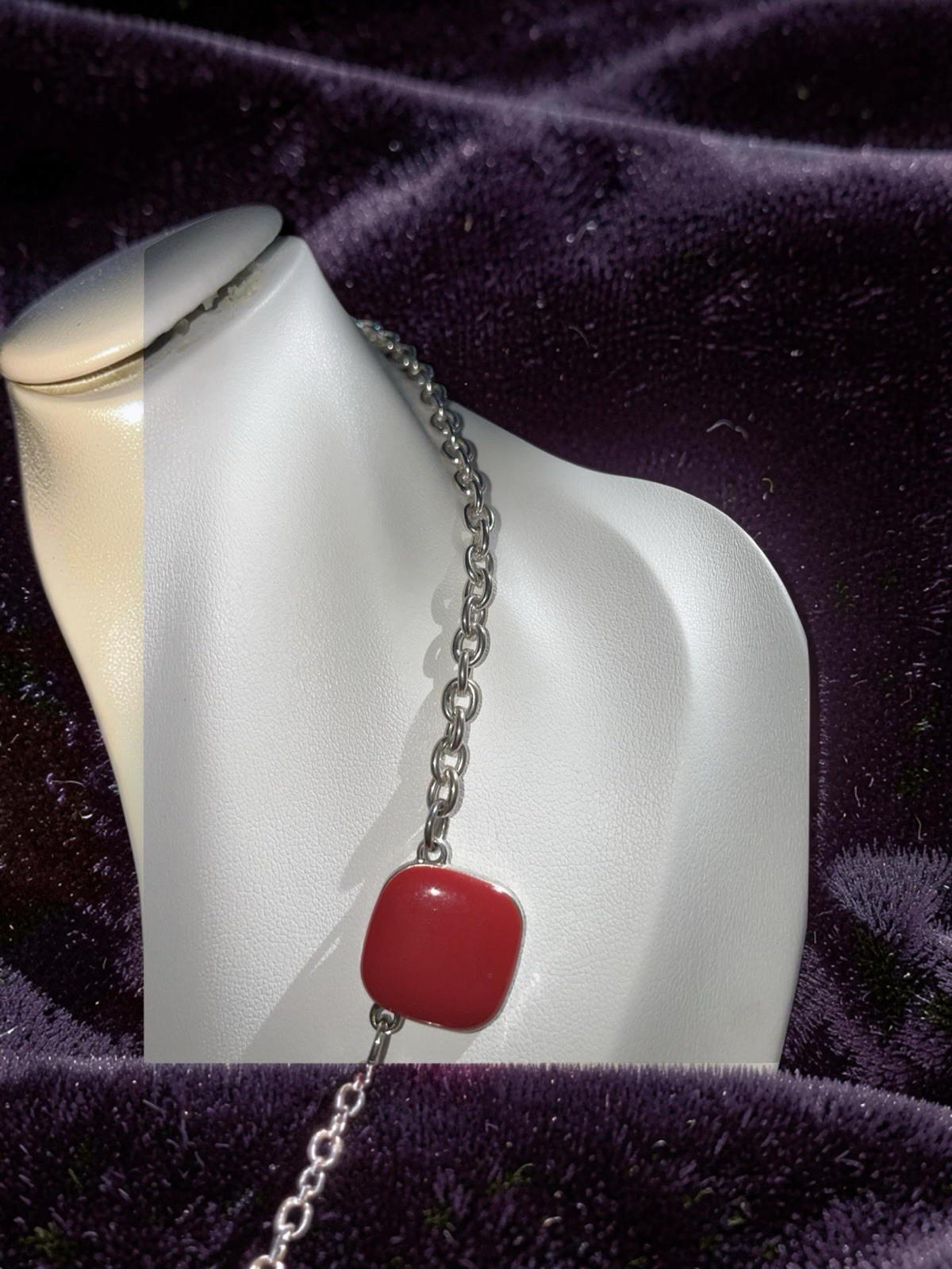 A 1990s Silver-tone Necklace with Square Red Enamel Elements. Adjustable