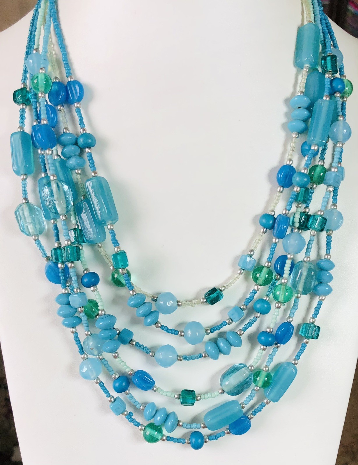 Multi Strand Blue & Green Glass Beaded Necklace