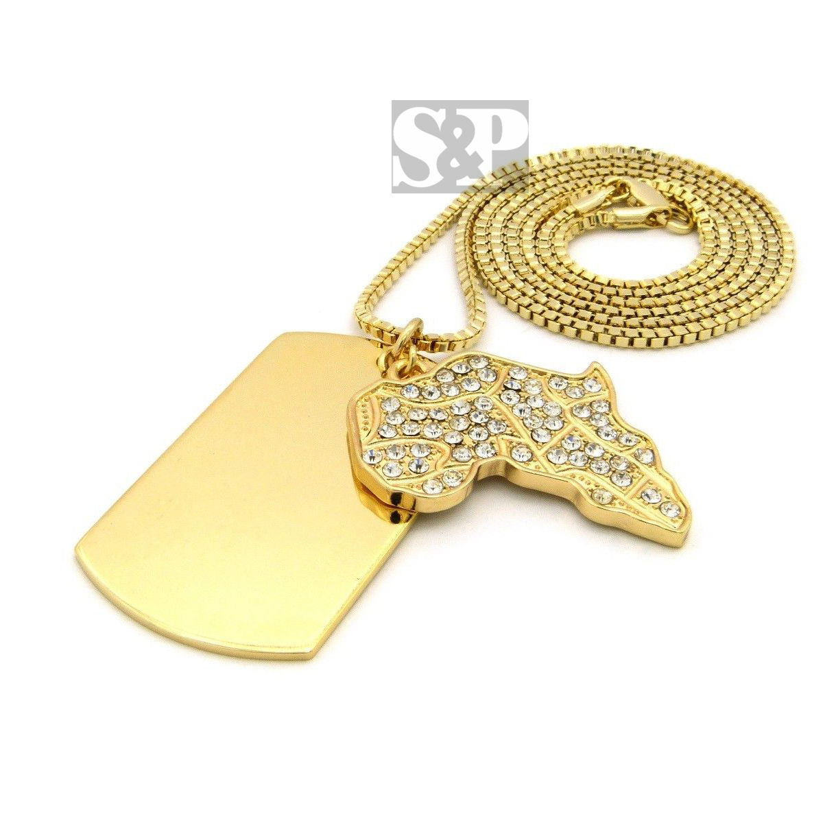 ICED AFRICA & DOG TAG PENDANT & 2mm 30″ BOX CHAIN HIP HOP NECKLACE SPRC305