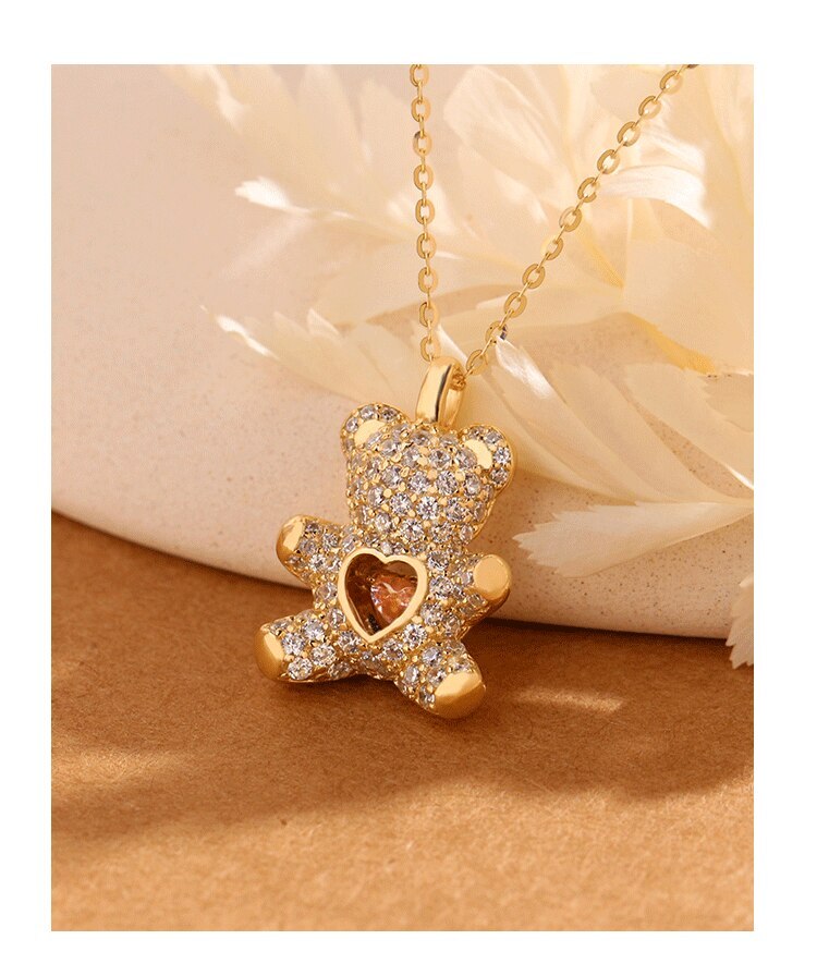 Women’s Fashion Gold Or Silver Teddy Bear Pink Heart Cubic Zircon Necklace 1-264