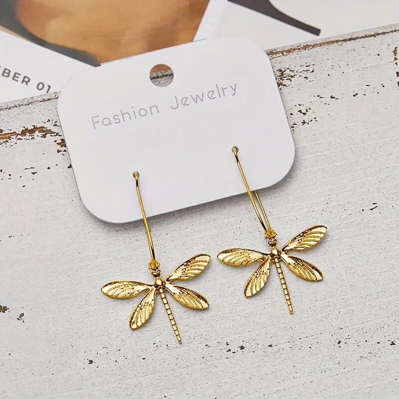 Bronze Vintage Dragonfly Earrings Women Elegant Jewelry Party Golden New Fashion