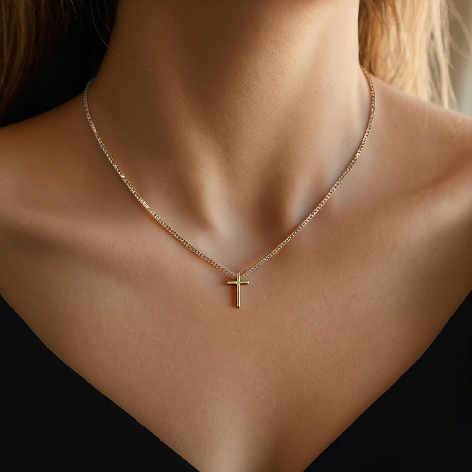 Gold Necklace for Women, Cross Dainty 18K Real one size, GOLD