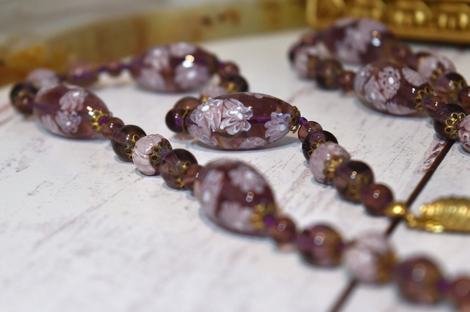 Vtg Venetian Murano Lavender Millefiori Glass Beaded Hand Knotted Necklace