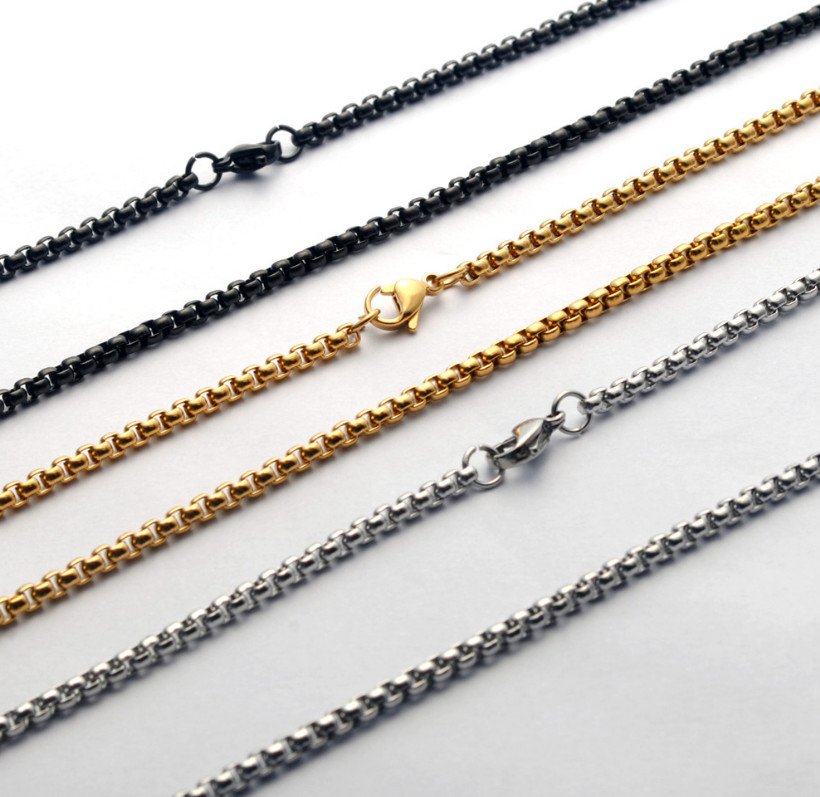 Women Men Black Gold Silver Stainless Steel 2mm Round Box Chain Necklace 12-32″