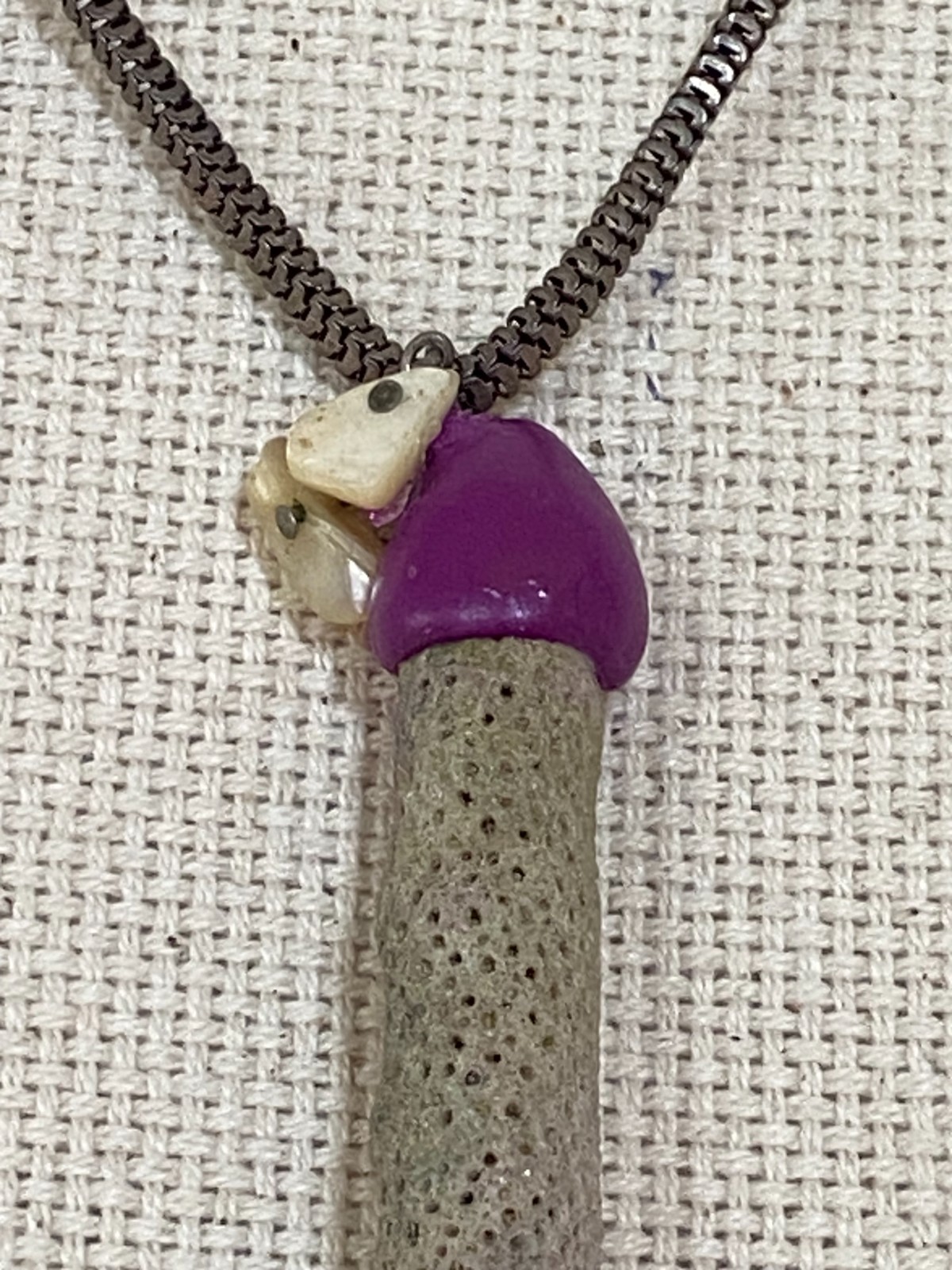 Handcrafted Coral Necklace with Purple Clay Accents and Spiritual Charms
