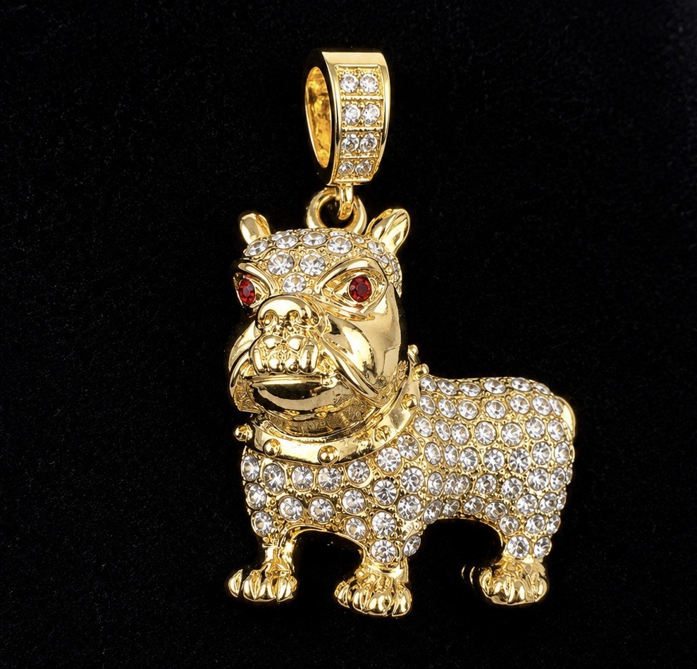 Iced Out Bulldog Pendant Gold Tone • Red Eyes • Cubic Zirconia