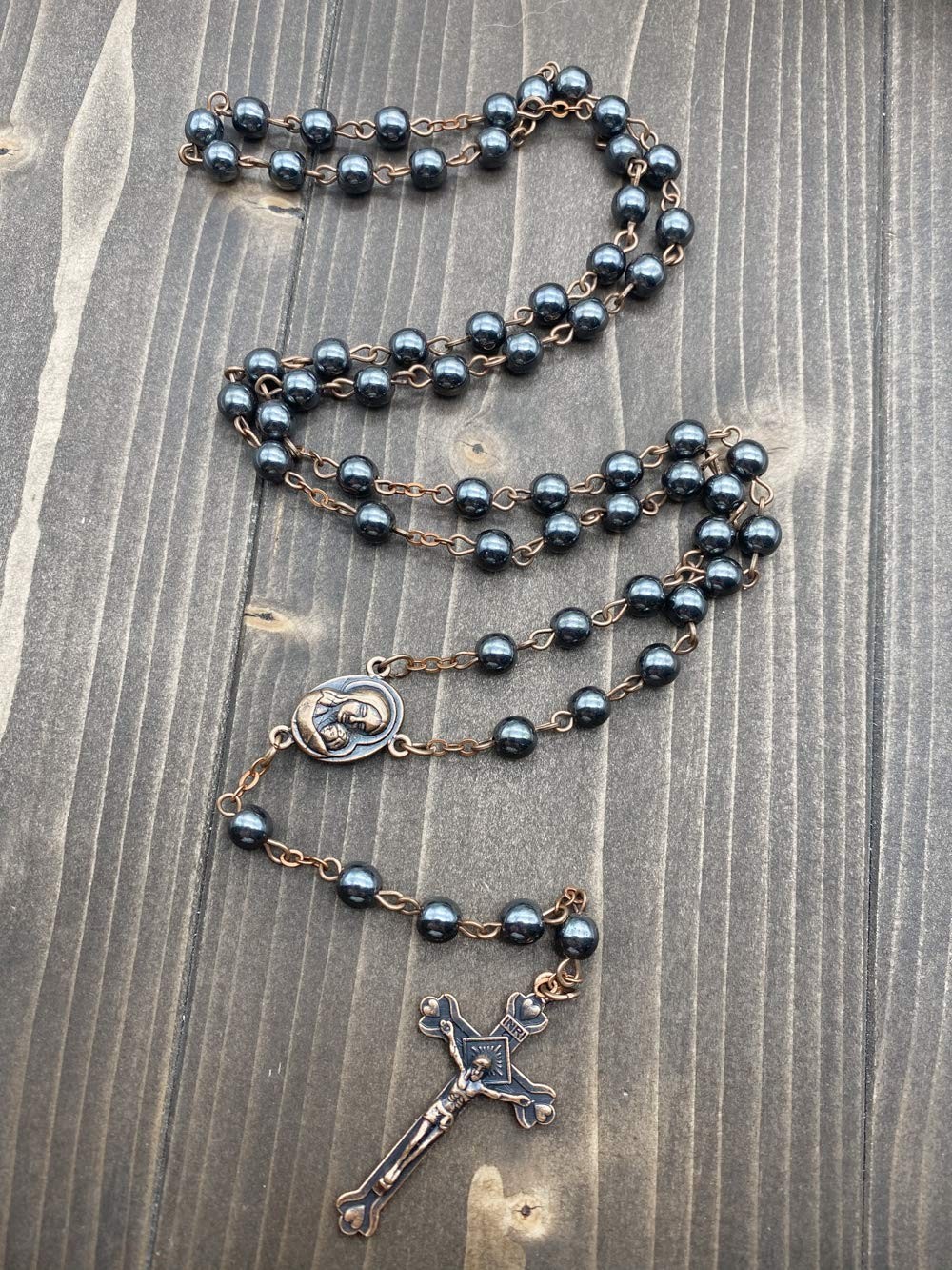 Nazareth Store unisex-adult Hematite Rosary Black 18″, Bronze Color Chain