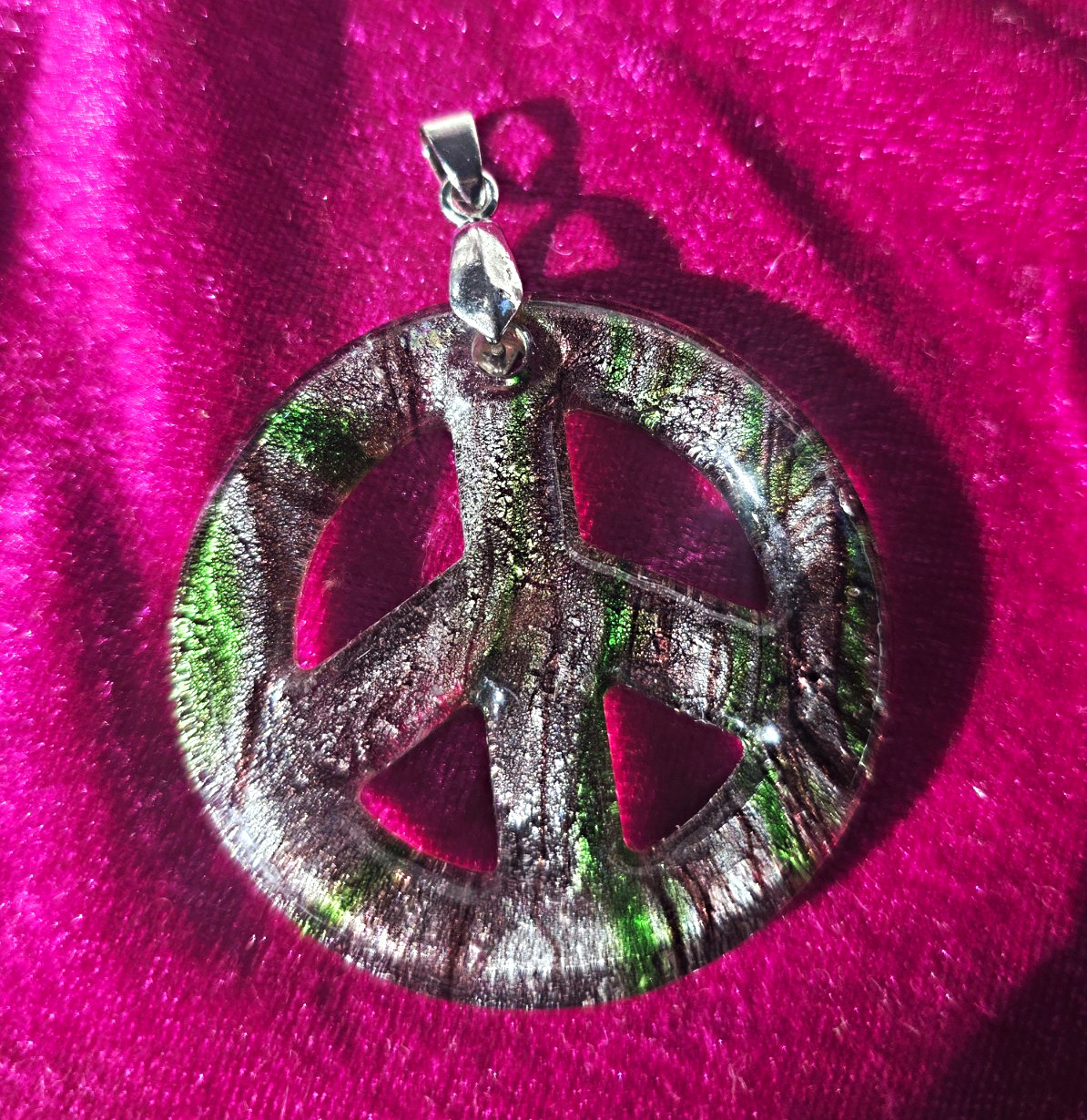 Vintage Peace Sign Pendant 18K GP Bail Green Brown Glass Look 2” Hippie Boho