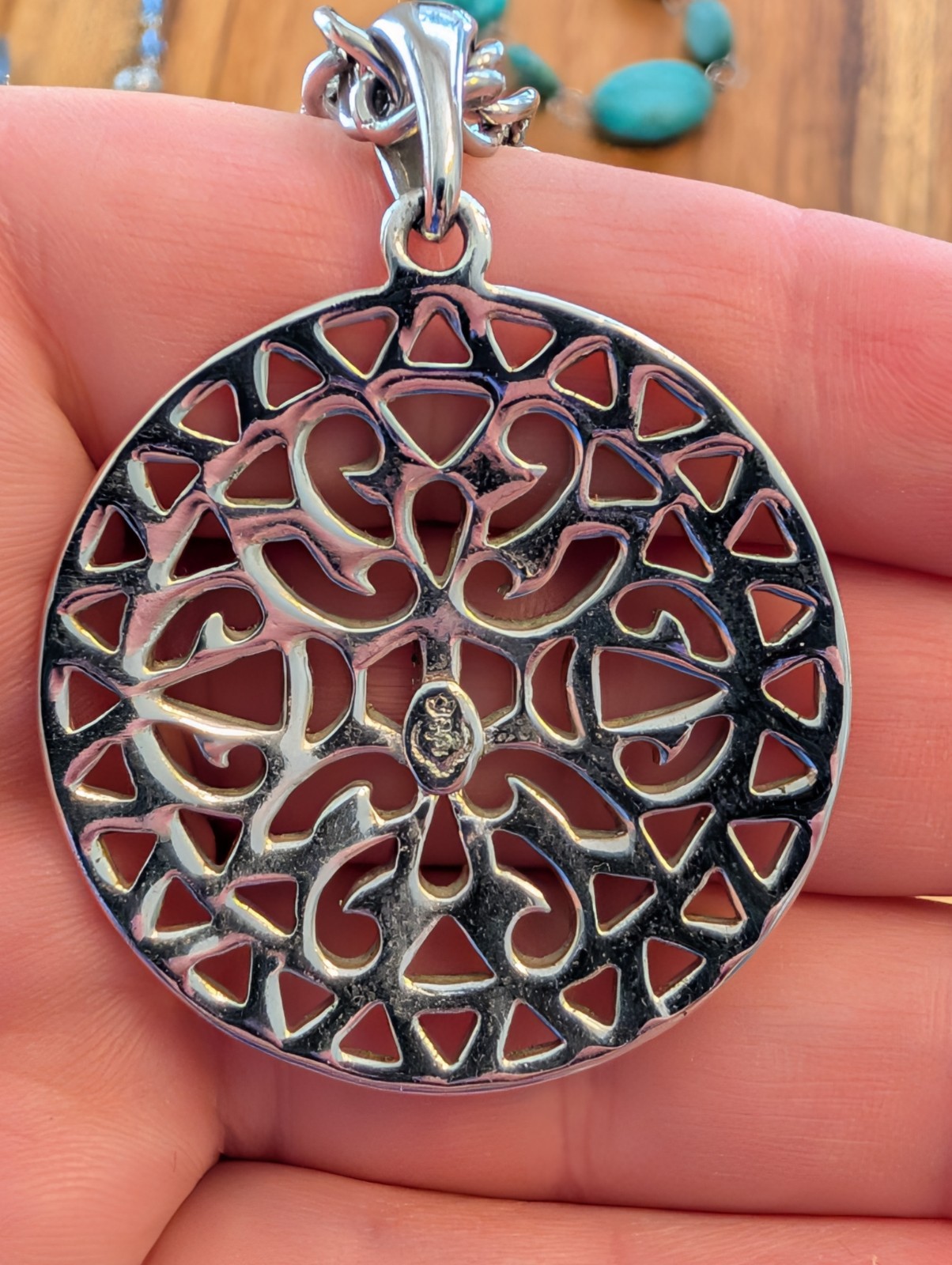 Black Braided Leather Cord Necklace Silver Tone Round Cutout Charm