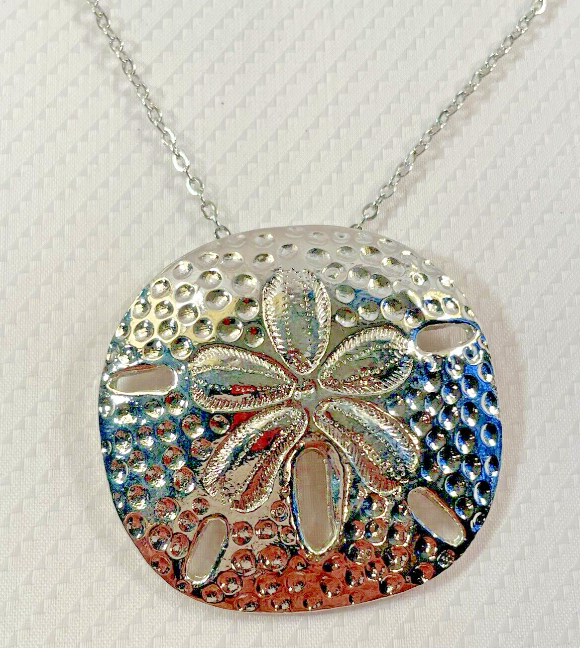 Sand Dollar LG Silver Necklace 30” Stainless Chain Coastal Sea Life Jewelry NEW