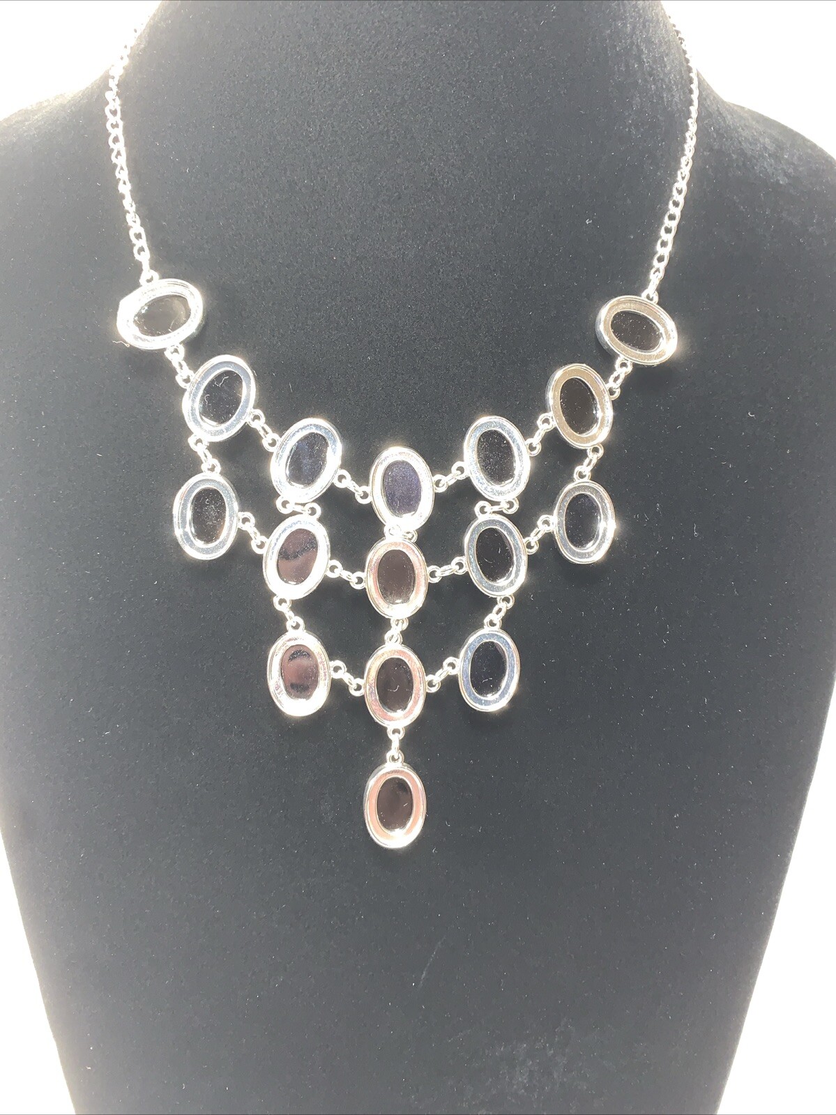 C 1945 Statement Bib Necklace in Silver & Black Big Stones Adjustable 19”-22”