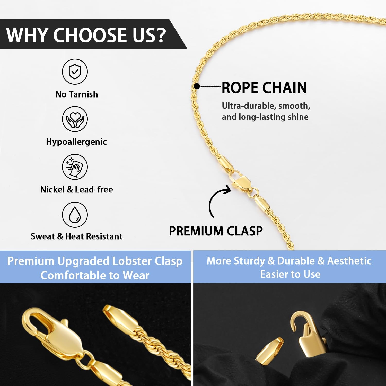 14K Gold Plated Chain Necklace for Men, 4mm Stainless Steel Rope Chains 14K G…