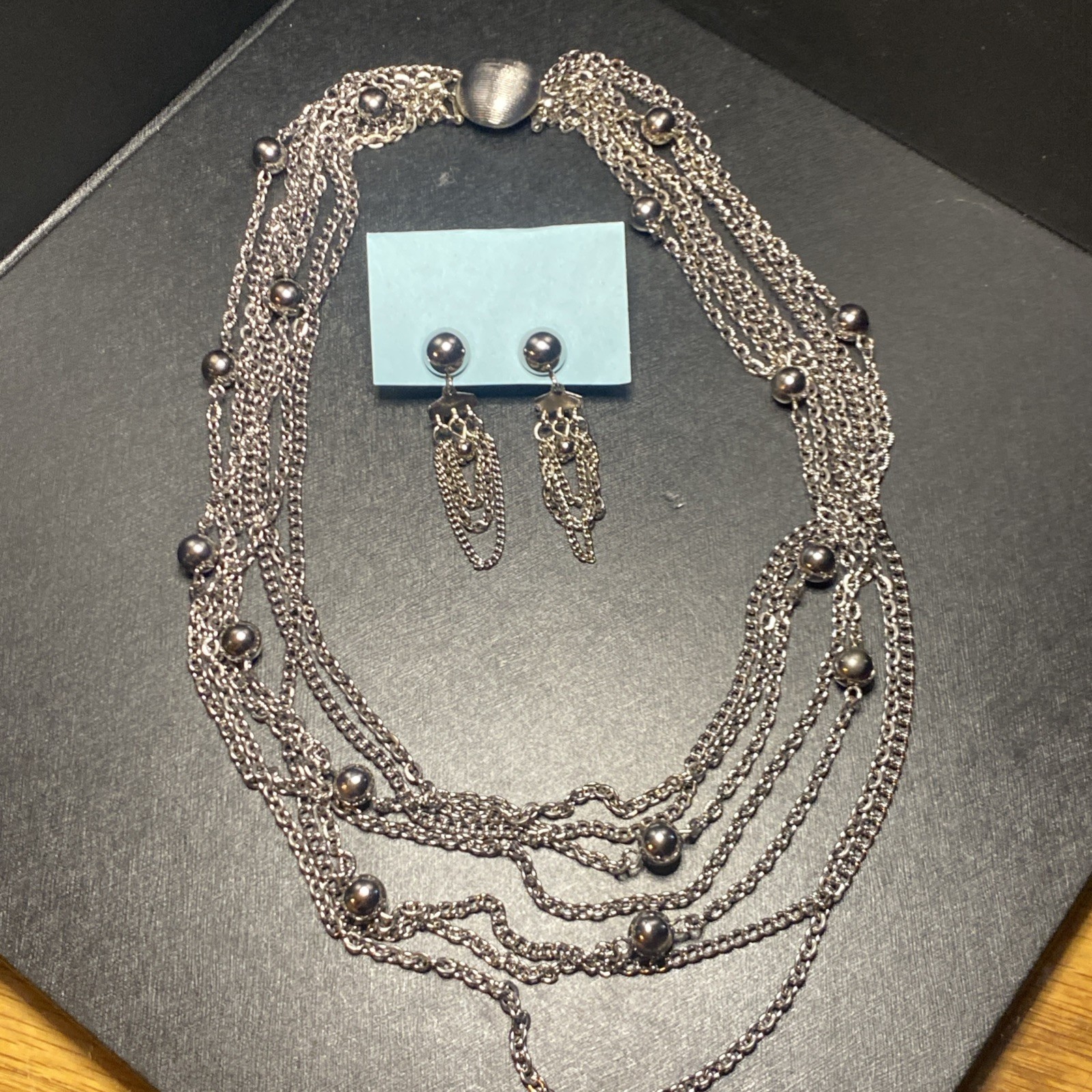 VTG Retro 7 Strand Gunmetal Silver toned Chain + Ball Necklace Earrings Set