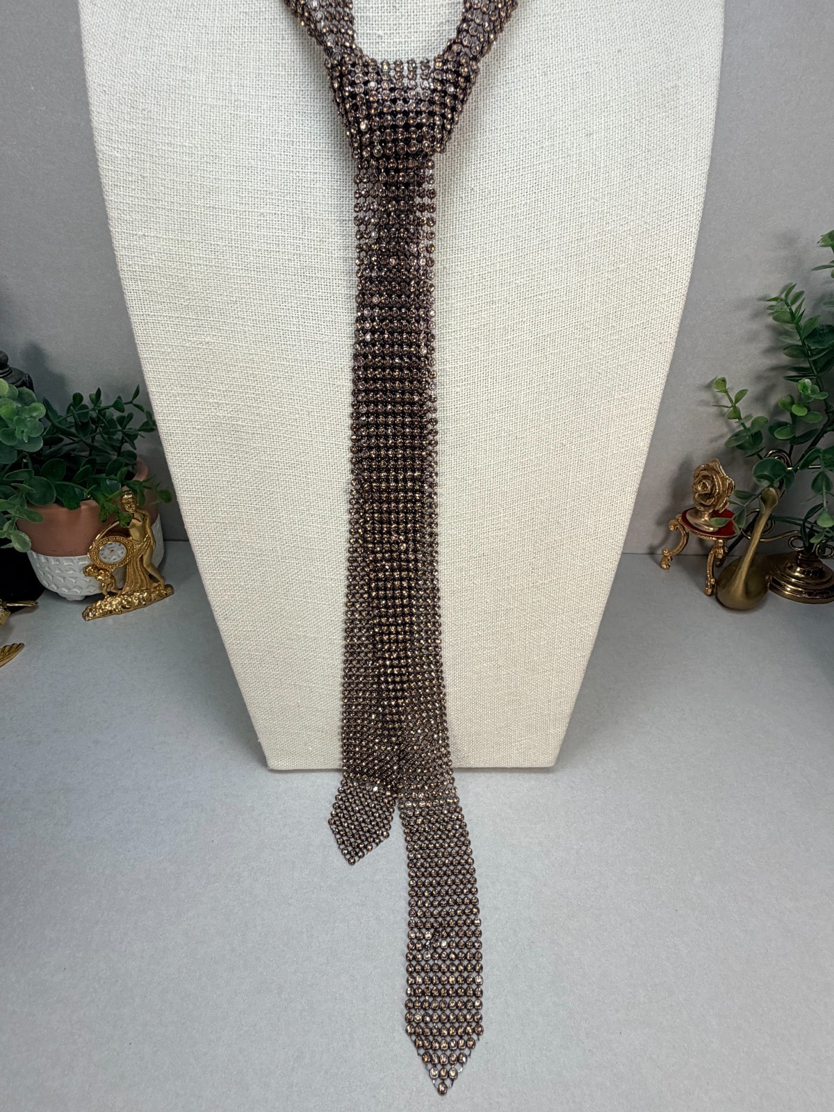 ZARA NWOT Bronze Crystal Rhinestone Necktie Statement Necklace Runway Glam