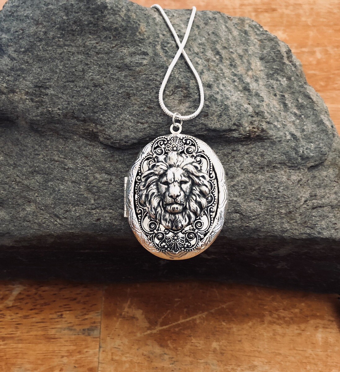 Lion Head Locket Necklace Art Nouveau Photo Pendant, 925 Sterling Silver Chain