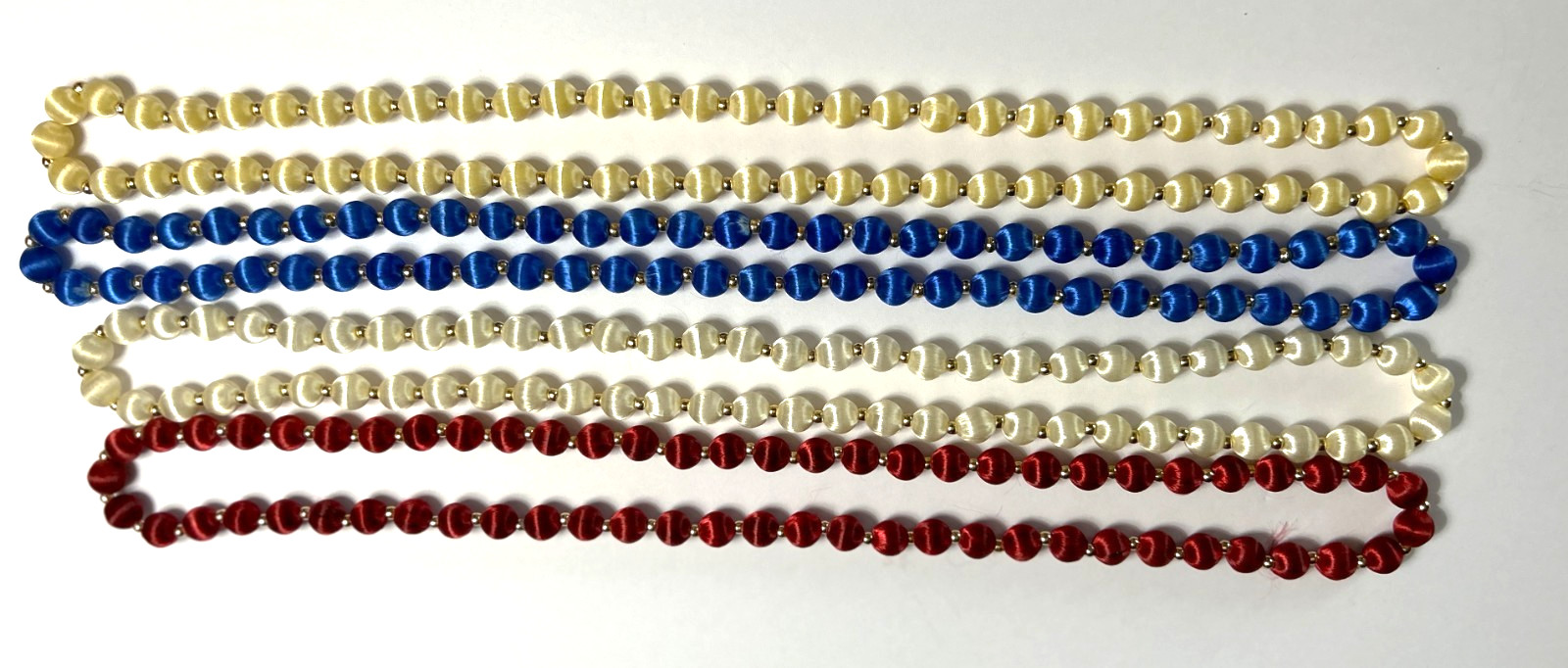 4 Vintage Cream RED WHITE & BLUE Silk Satin Thread Beaded Necklaces 4Th of July