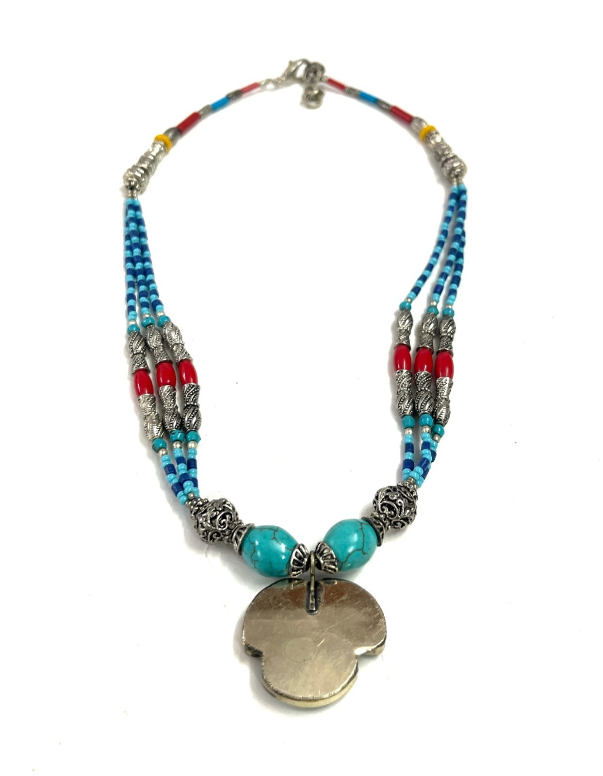 Antique Turquoise Coral Gemstone Tibetan Style Necklace Jewelry, 16 Inch Adjs