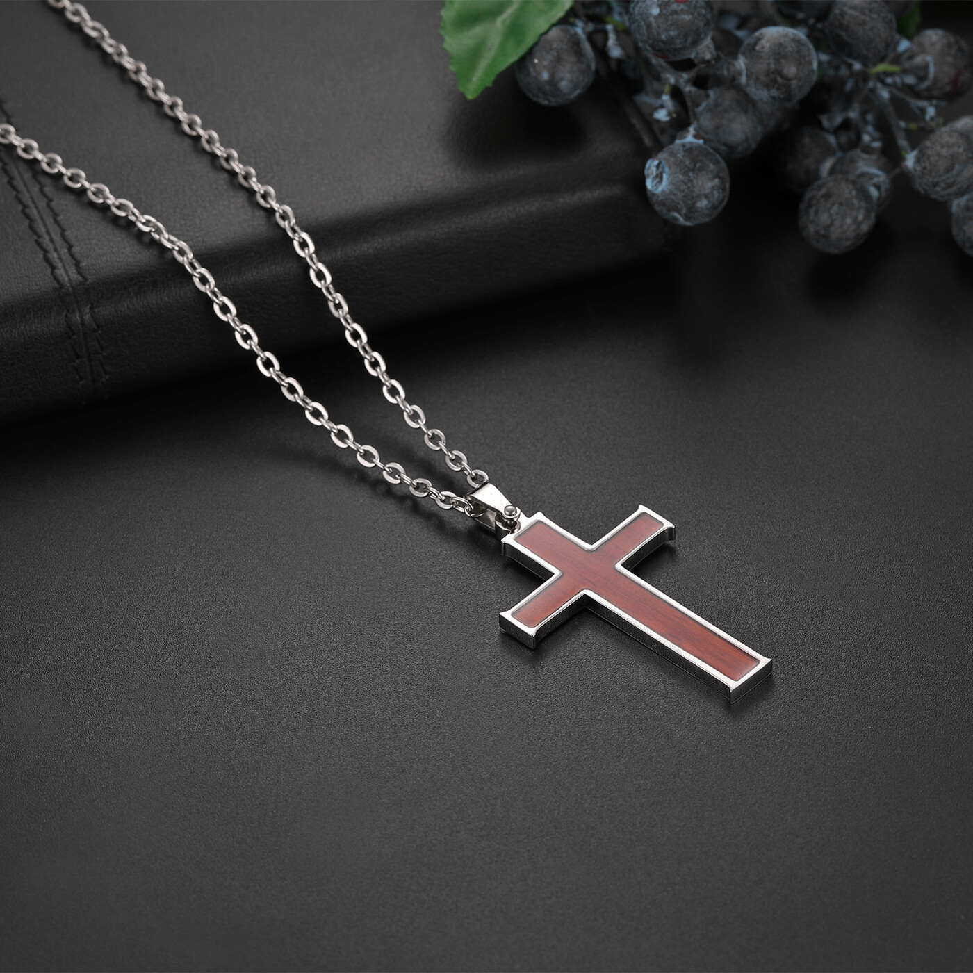 Men Women Stainless Steel Wooden Cross Pendant Chain Necklace Religious Prayer