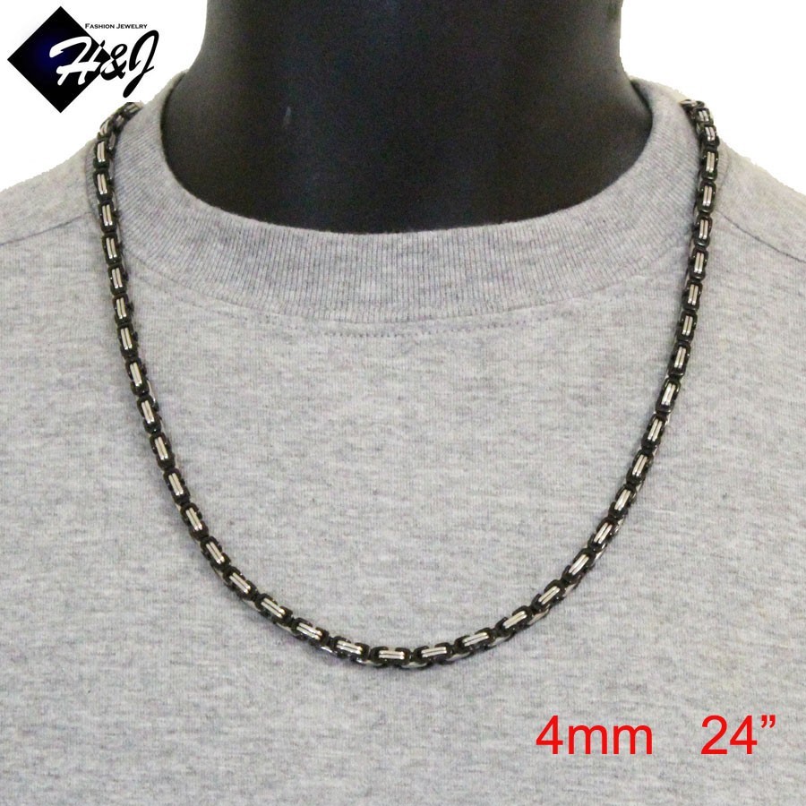 18-40″MEN’s Stainless Steel 4mm Silver/Black Plated Byzantine Box Chain Necklace